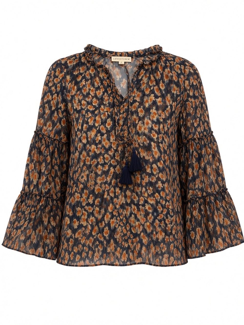 lovestitch Navy and Rust Floral Tassel Tie Blouse